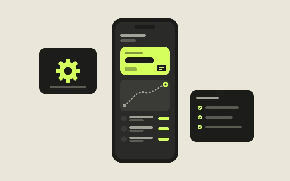 Reference illustration: mobile app with balance, route map and pass history, plus a maintenance gear
