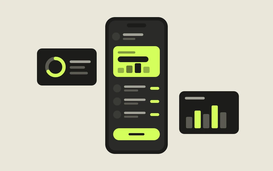 Reference illustration: mobile banking app with balance card and charts