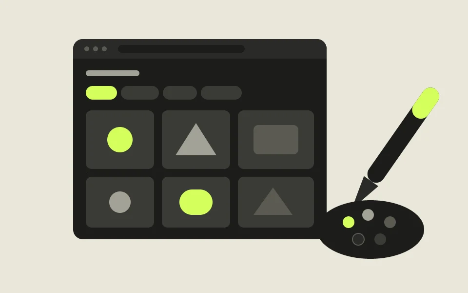 Reference illustration: site with a product catalog, category filters and a paint palette