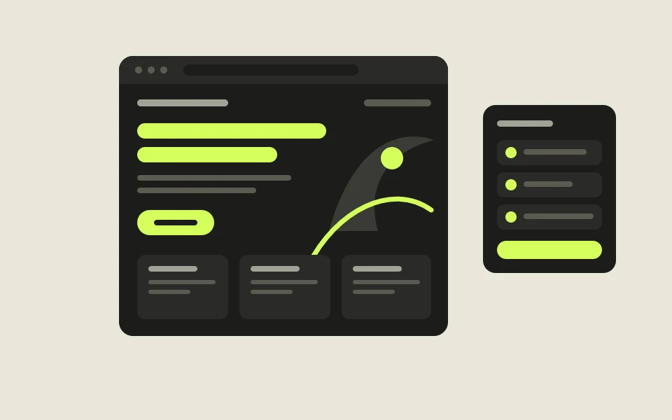 Reference illustration: website with an intro, service cards and a class list