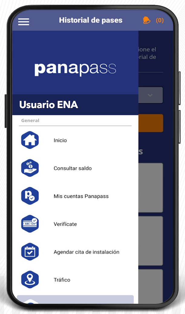Pantalla de historial de pases de la app Panapass (ENA)